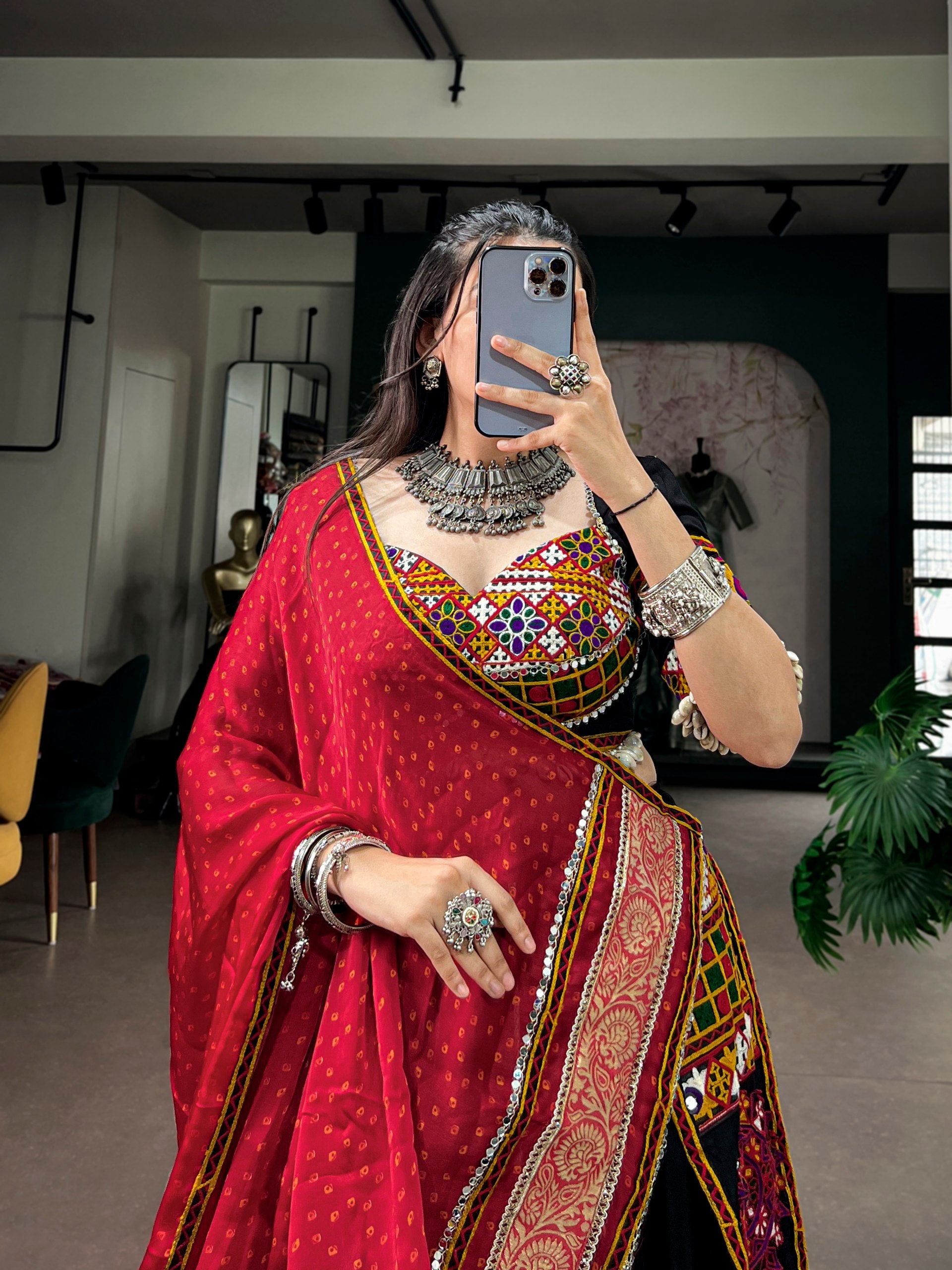 Black Rayon Kutchi Embroidery Patch Work Navratri Lehenga Choli