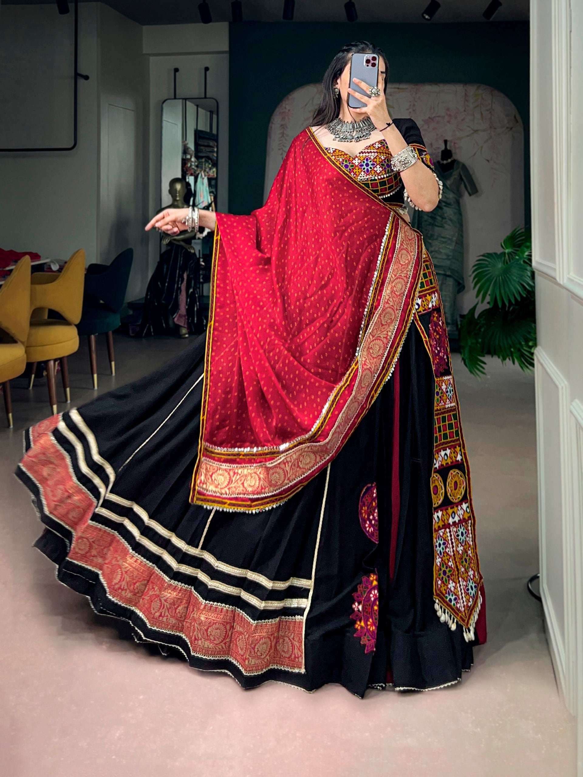 Black Rayon Kutchi Embroidery Patch Work Navratri Lehenga Choli