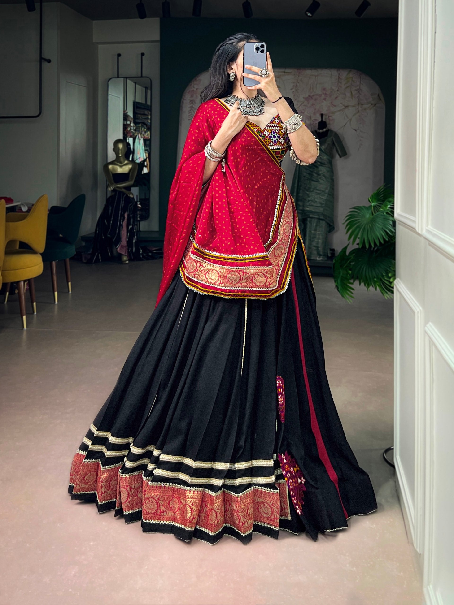 Black Rayon Kutchi Embroidery Patch Work Navratri Lehenga Choli