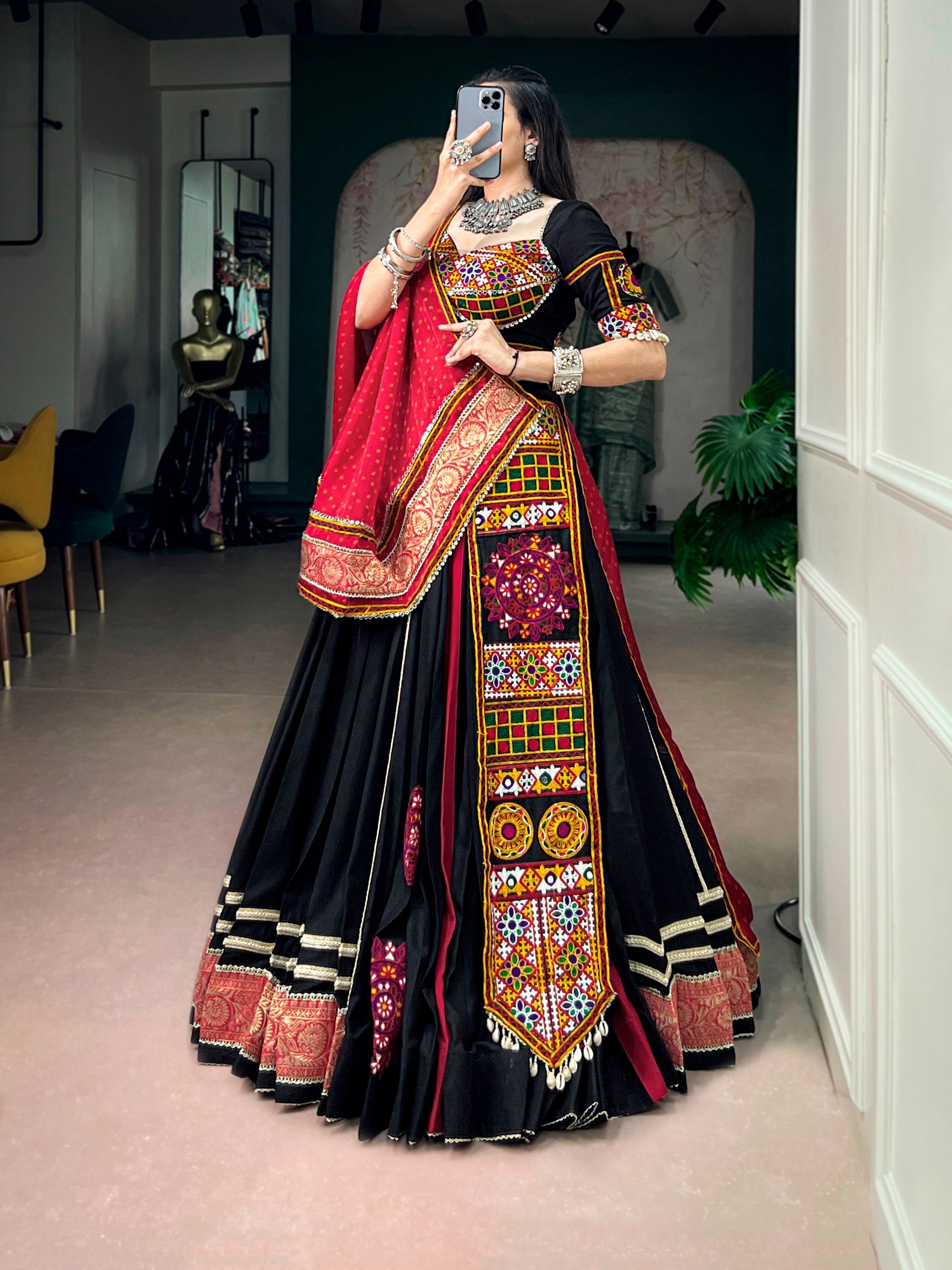 Black Rayon Kutchi Embroidery Patch Work Navratri Lehenga Choli