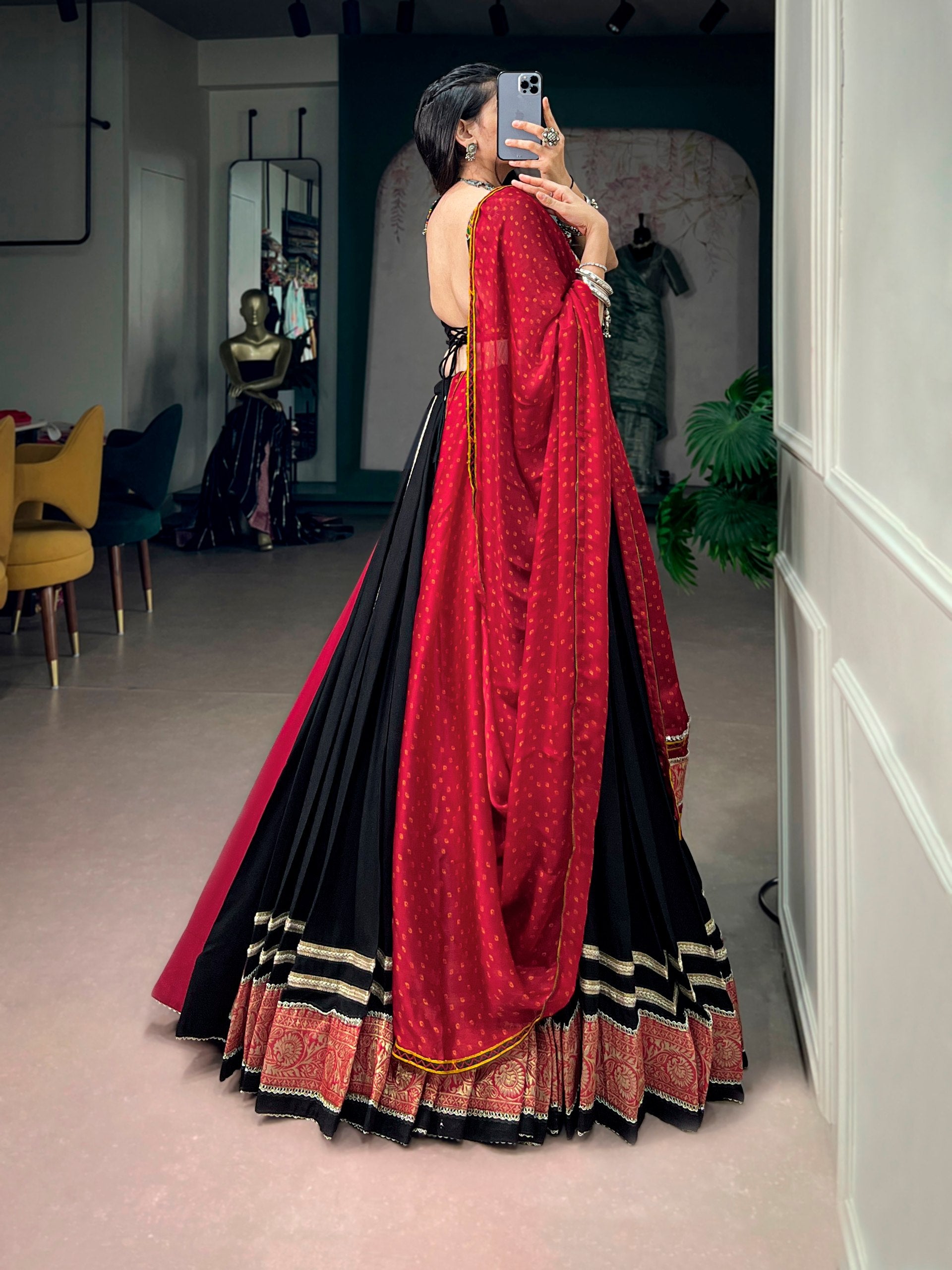 Black Rayon Kutchi Embroidery Patch Work Navratri Lehenga Choli