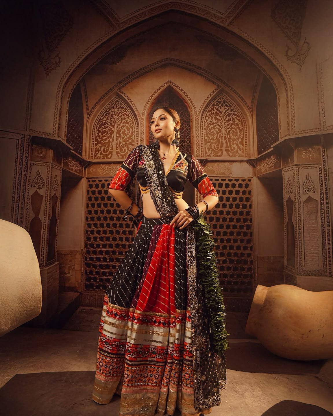 Black-Red Mirror Work Muslin Navratri Lehenga Choli.