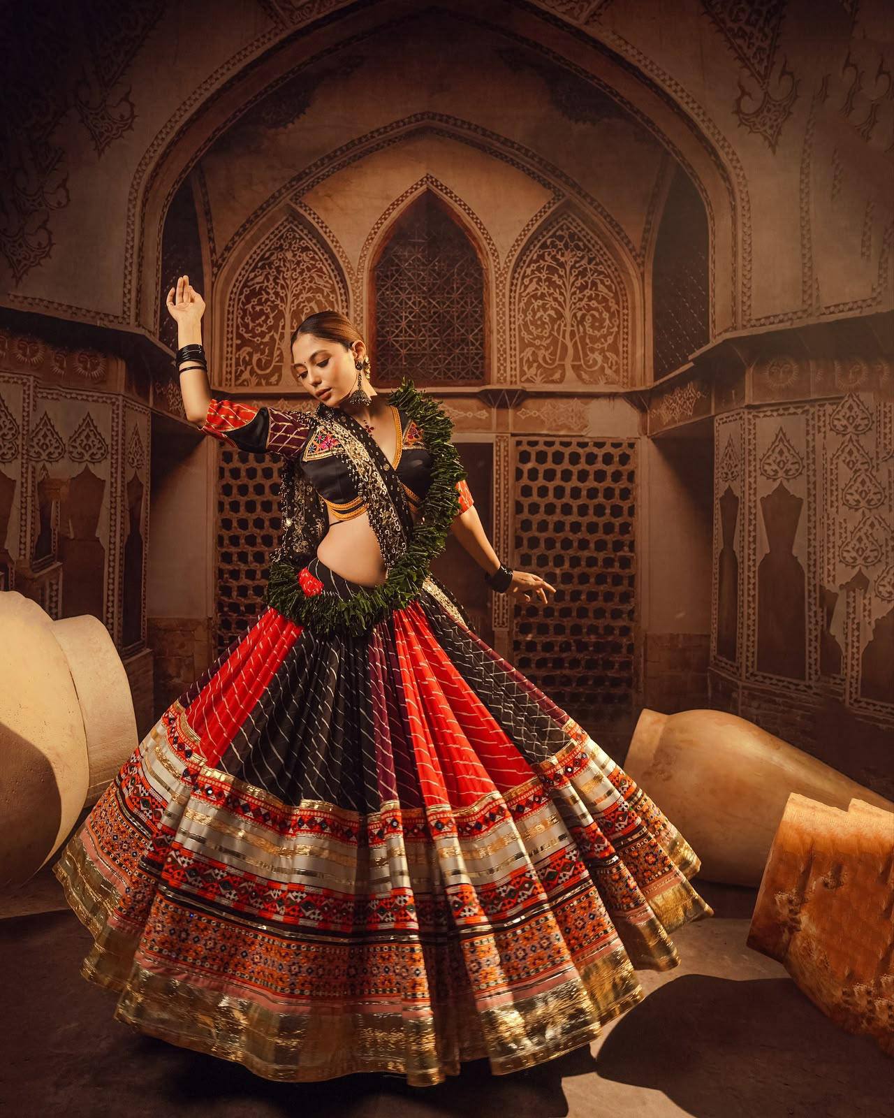 Black-Red Mirror Work Muslin Navratri Lehenga Choli.