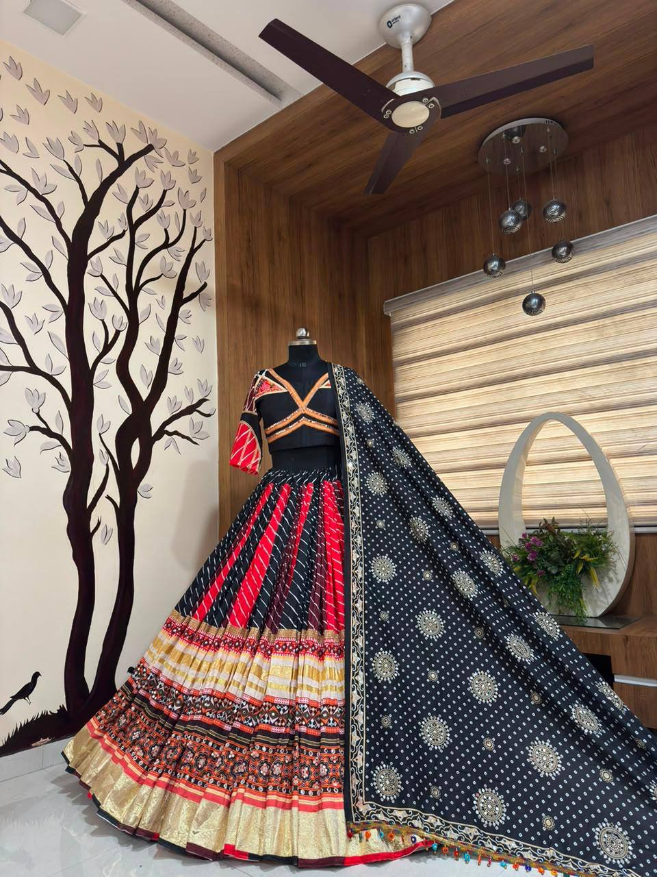 Black-Red Mirror Work Muslin Navratri Lehenga Choli.