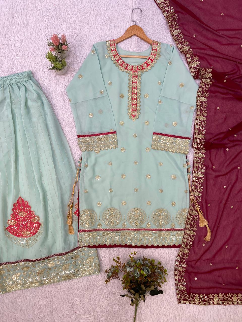 Light Mint Green Embroidered Palazzo Suit with Red Dupatta