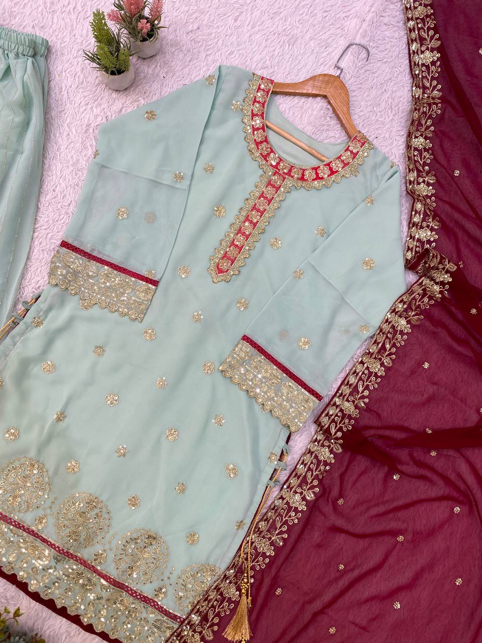 Light Mint Green Embroidered Palazzo Suit with Red Dupatta