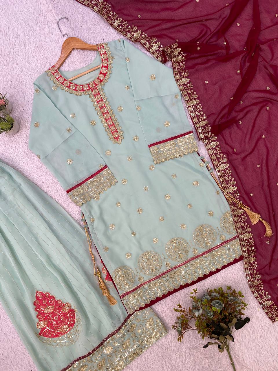 Light Mint Green Embroidered Palazzo Suit with Red Dupatta