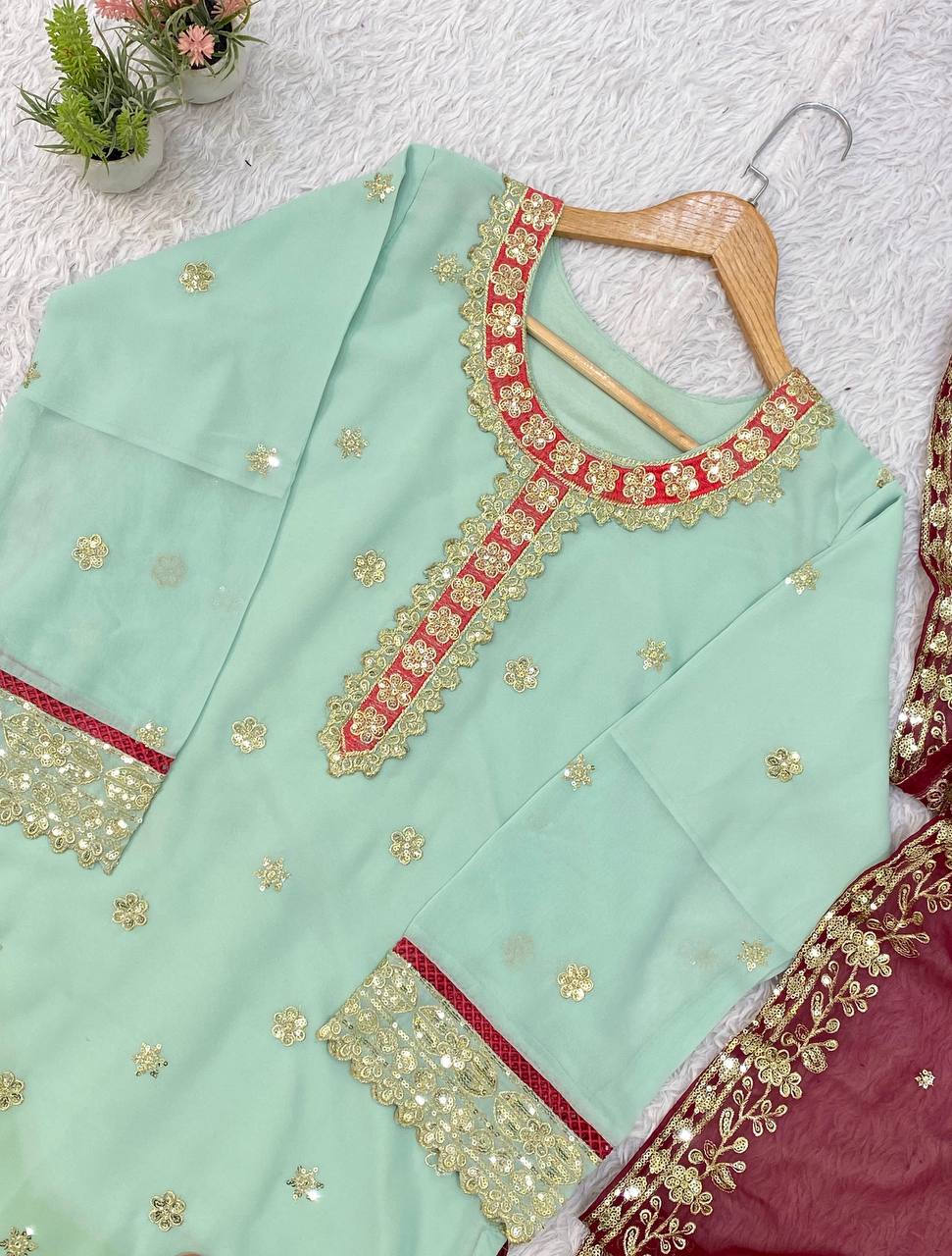 Light Mint Green Embroidered Palazzo Suit with Red Dupatta