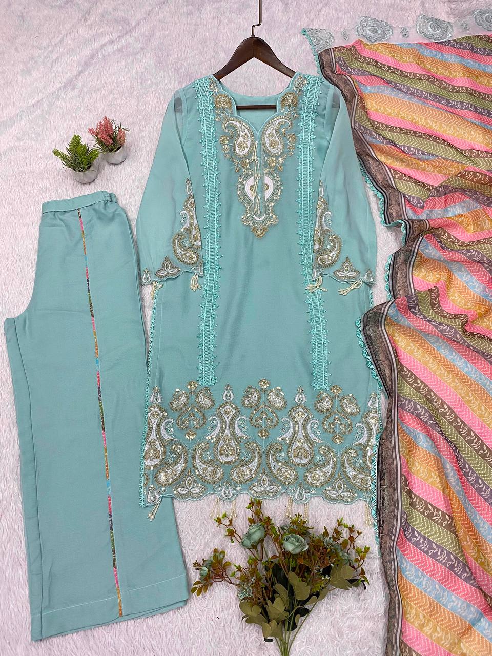 Soft Pastel Blue Sequins Embroidered Pakistani Kurta Set