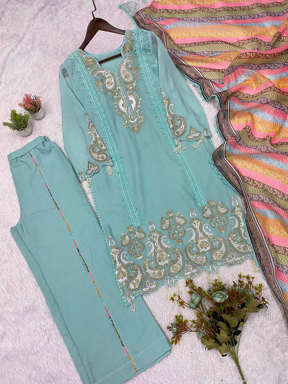 Soft Pastel Blue Sequins Embroidered Pakistani Kurta Set