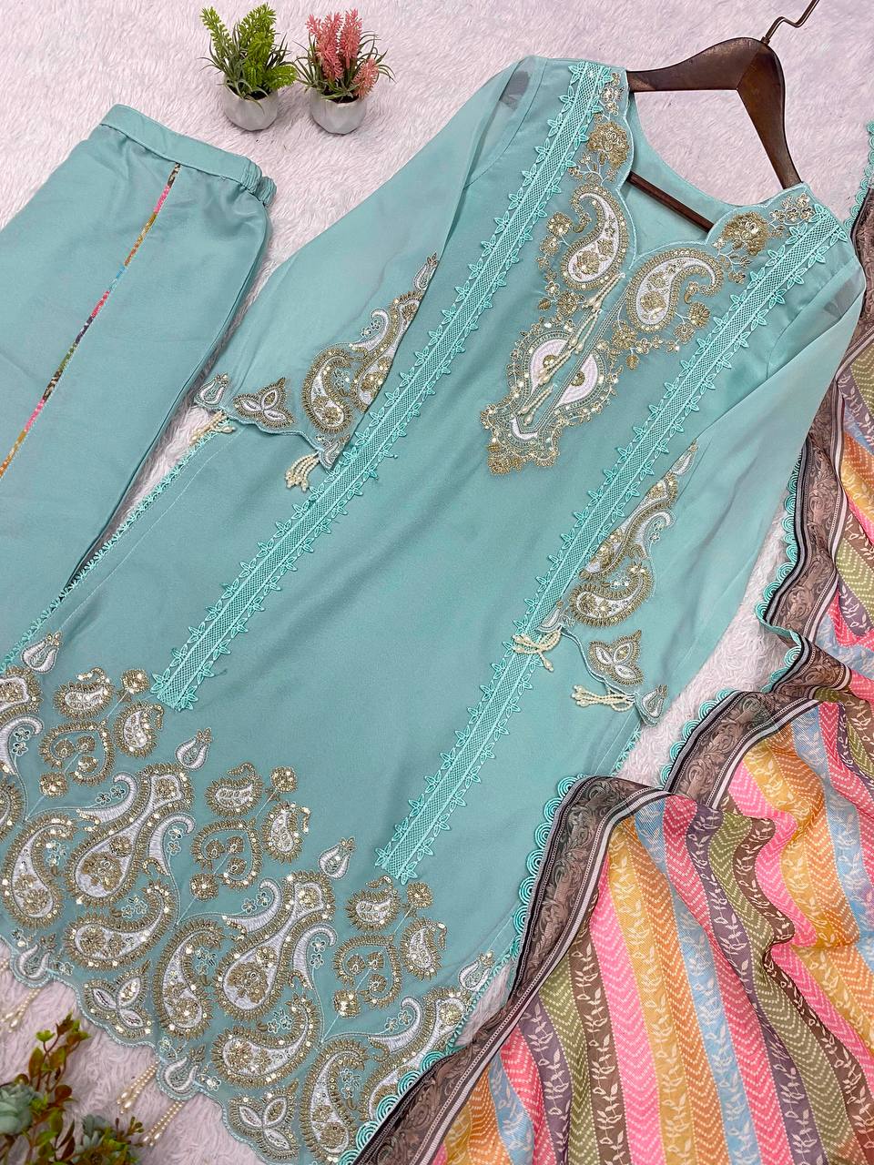 Soft Pastel Blue Sequins Embroidered Pakistani Kurta Set
