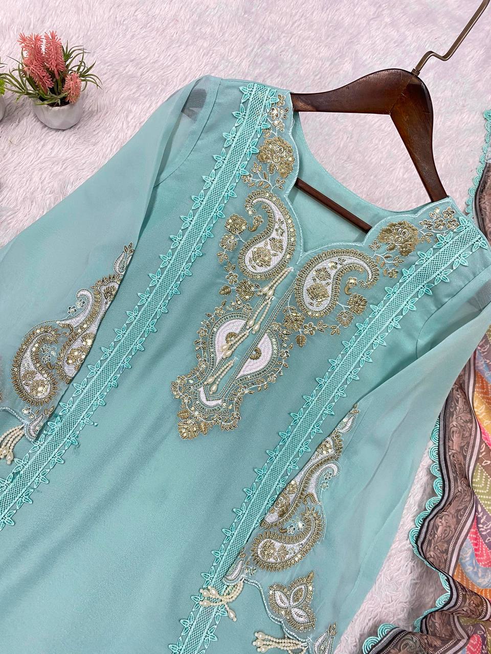 Soft Pastel Blue Sequins Embroidered Pakistani Kurta Set