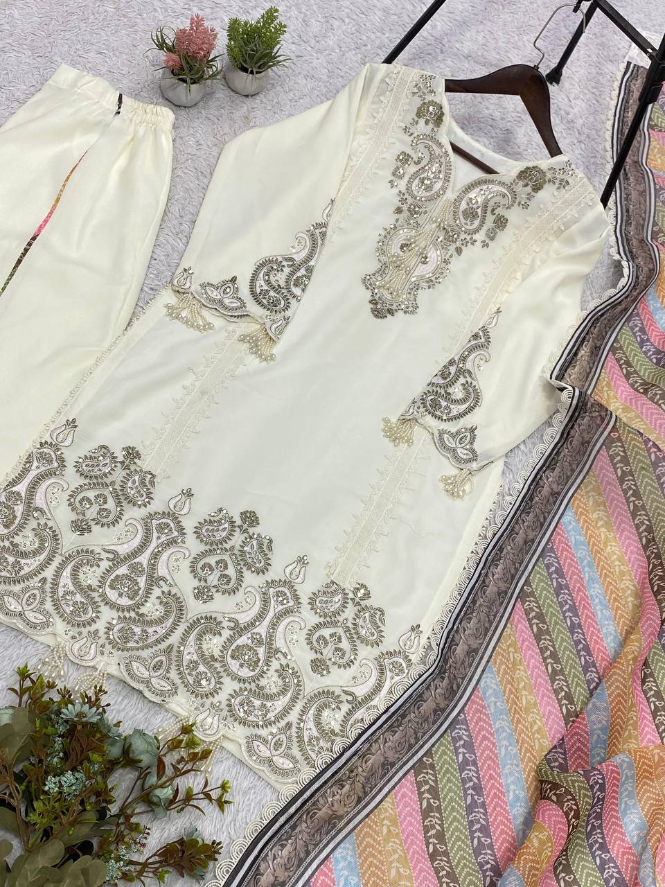 Ivory Sequins Embroidered Pakistani Kurta Set
