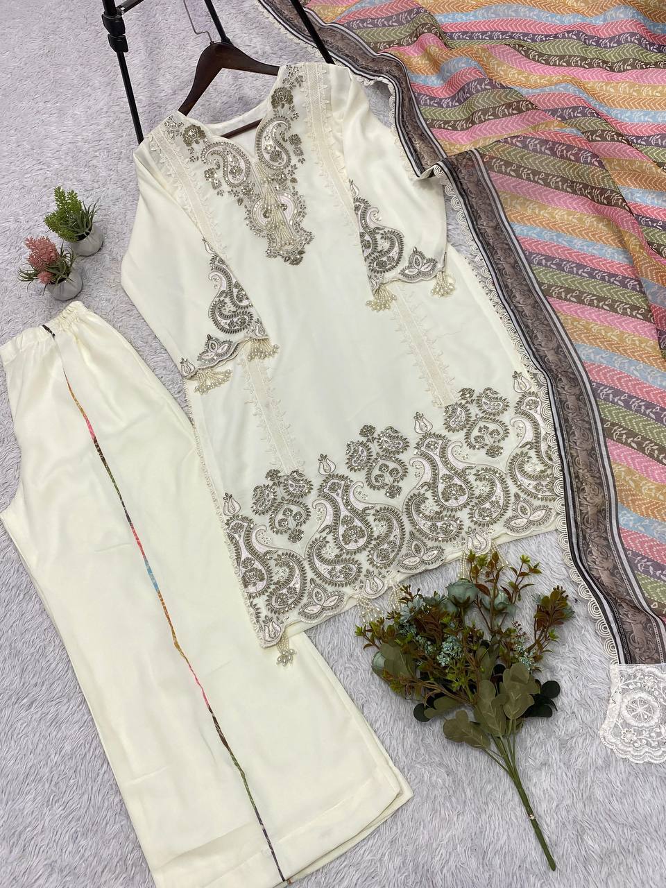 Ivory Sequins Embroidered Pakistani Kurta Set