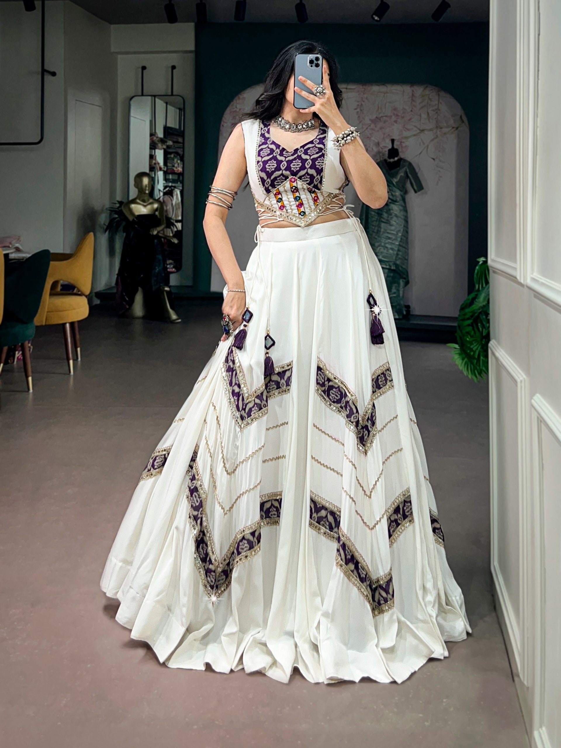 White Rayon Heritage Prints Gamthi Mirror Lace Navratri Lehenga Choli