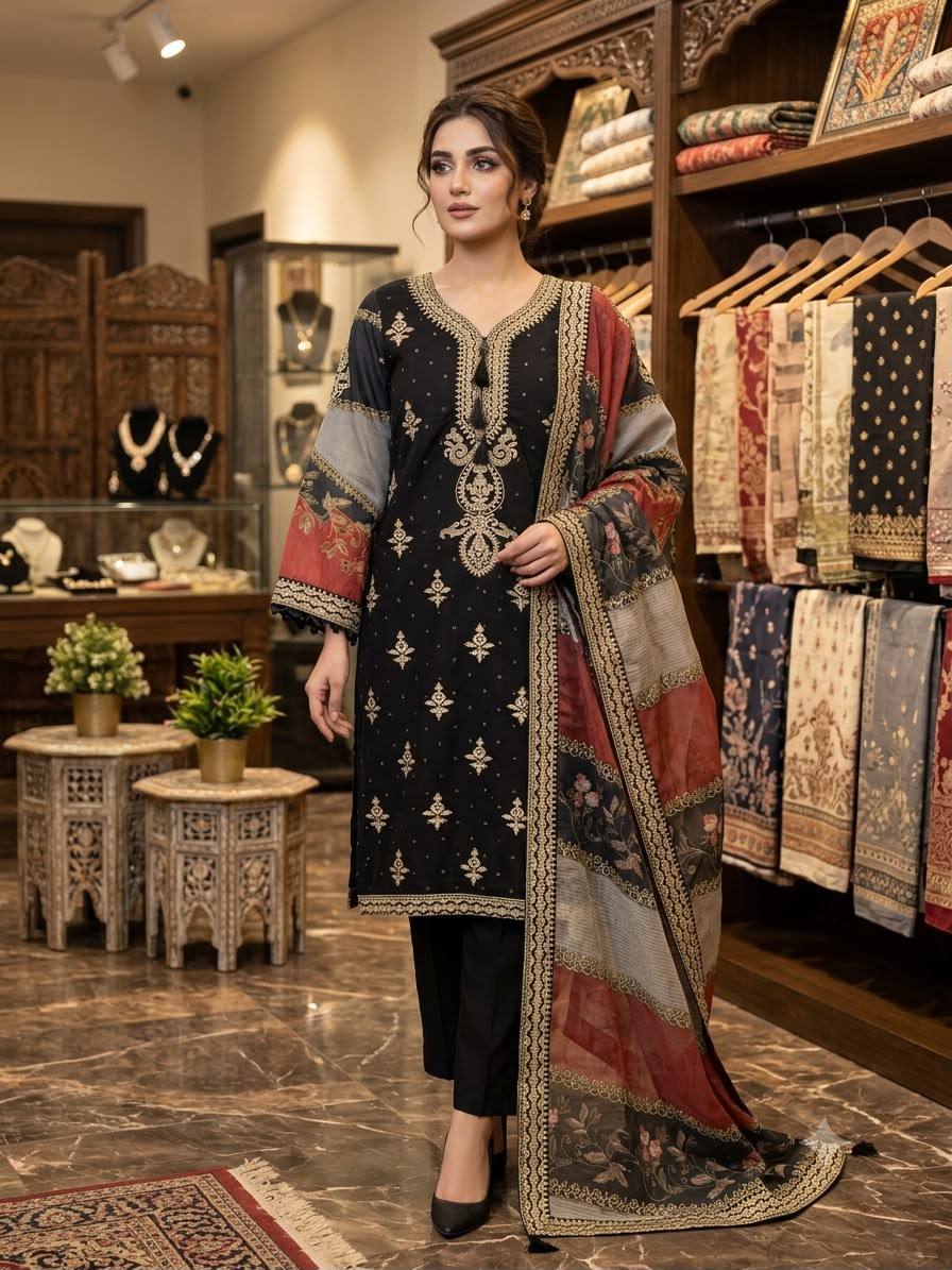 Black Embroidered Pakistani Salwar Suit with Printed Dupatta