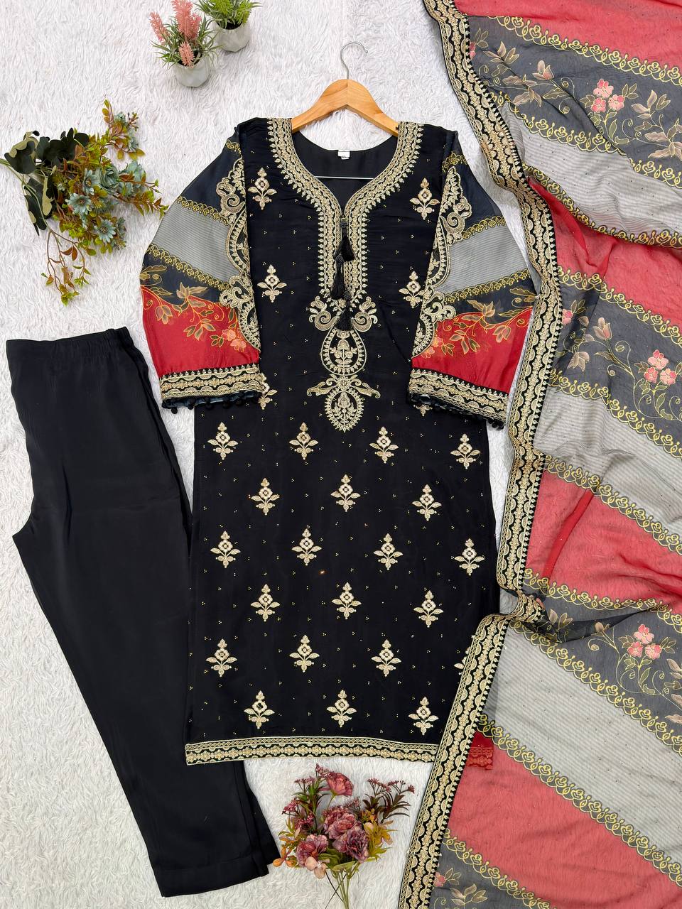 Black Embroidered Pakistani Salwar Suit with Printed Dupatta