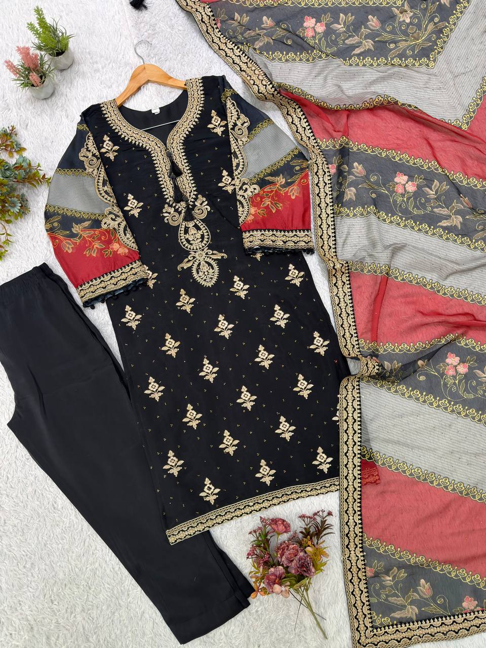Black Embroidered Pakistani Salwar Suit with Printed Dupatta
