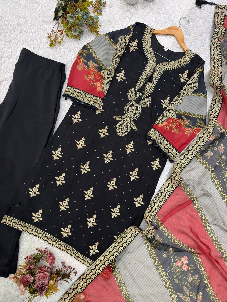 Black Embroidered Pakistani Salwar Suit with Printed Dupatta