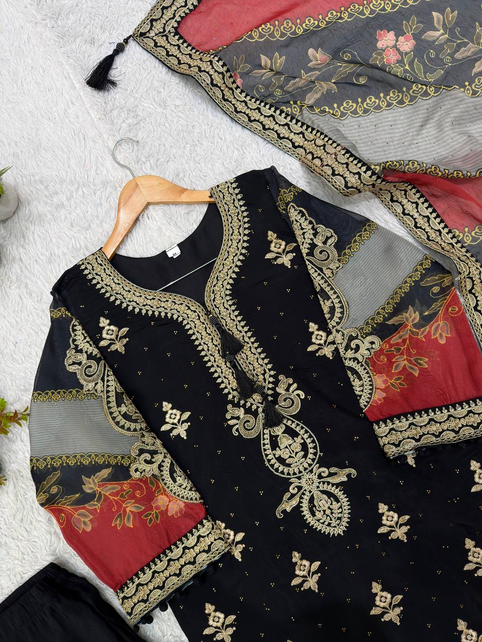 Black Embroidered Pakistani Salwar Suit with Printed Dupatta