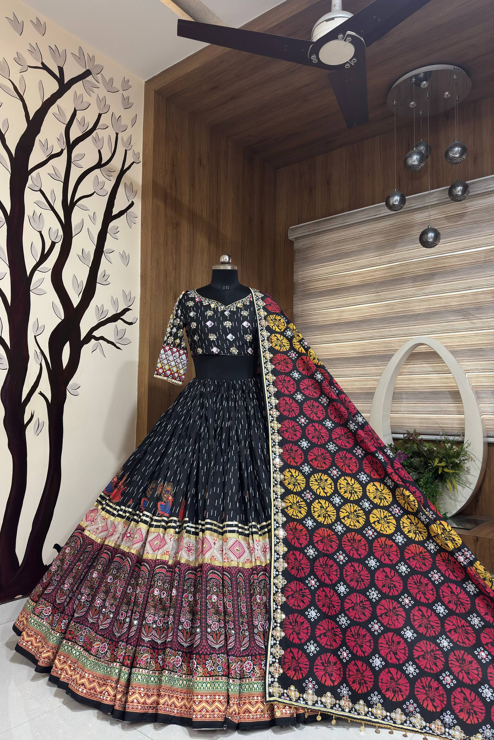 Black Mirror Work Muslin Navratri Lehenga Choli.