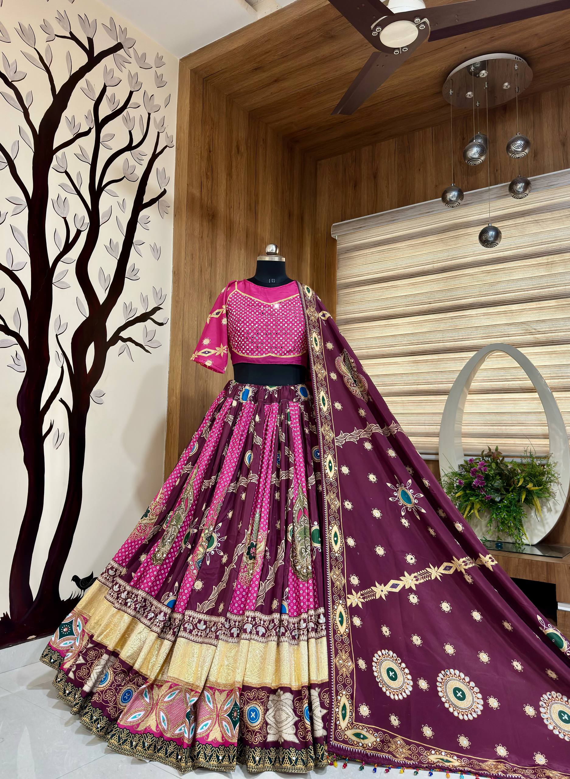 Pink Mirror Work Muslin Navratri Lehenga Choli.