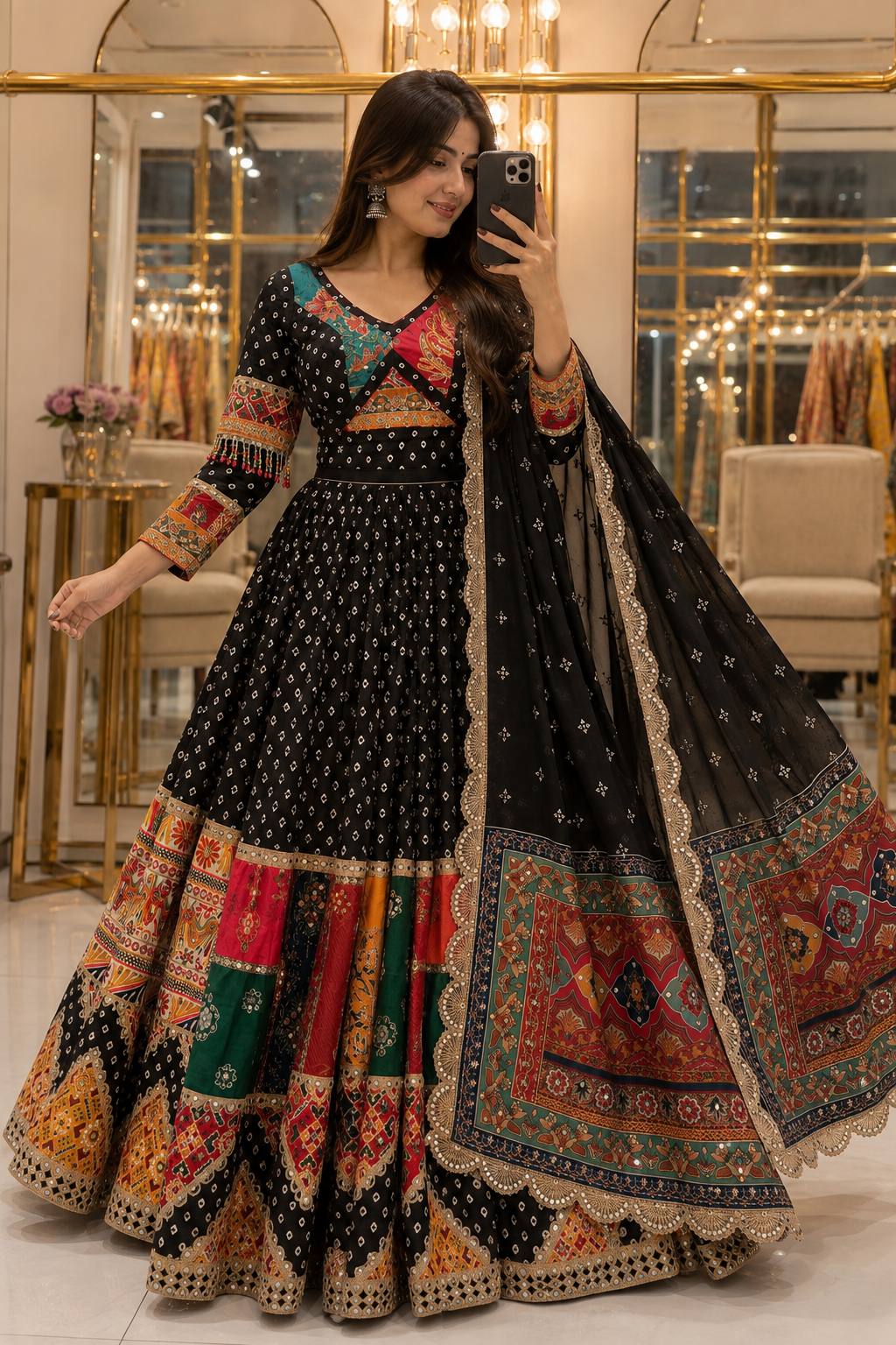 Black Mirror Work Muslin Navratri Lehenga Choli.