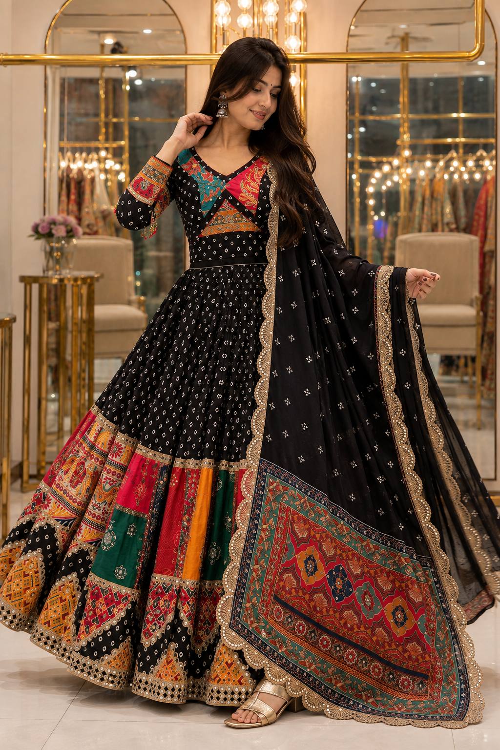 Black Mirror Work Muslin Navratri Lehenga Choli.