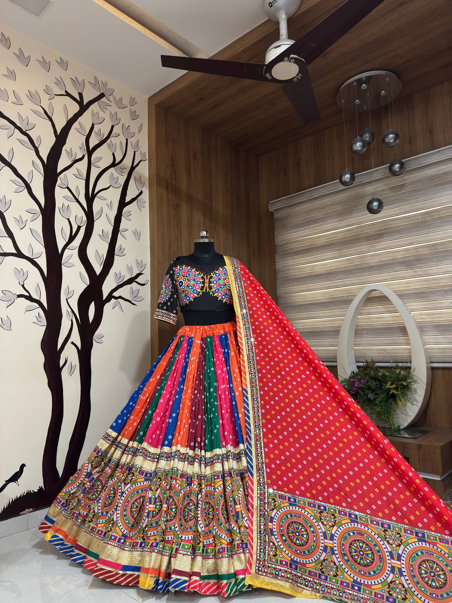Multi Mirror Work Muslin Navratri Lehenga Choli.