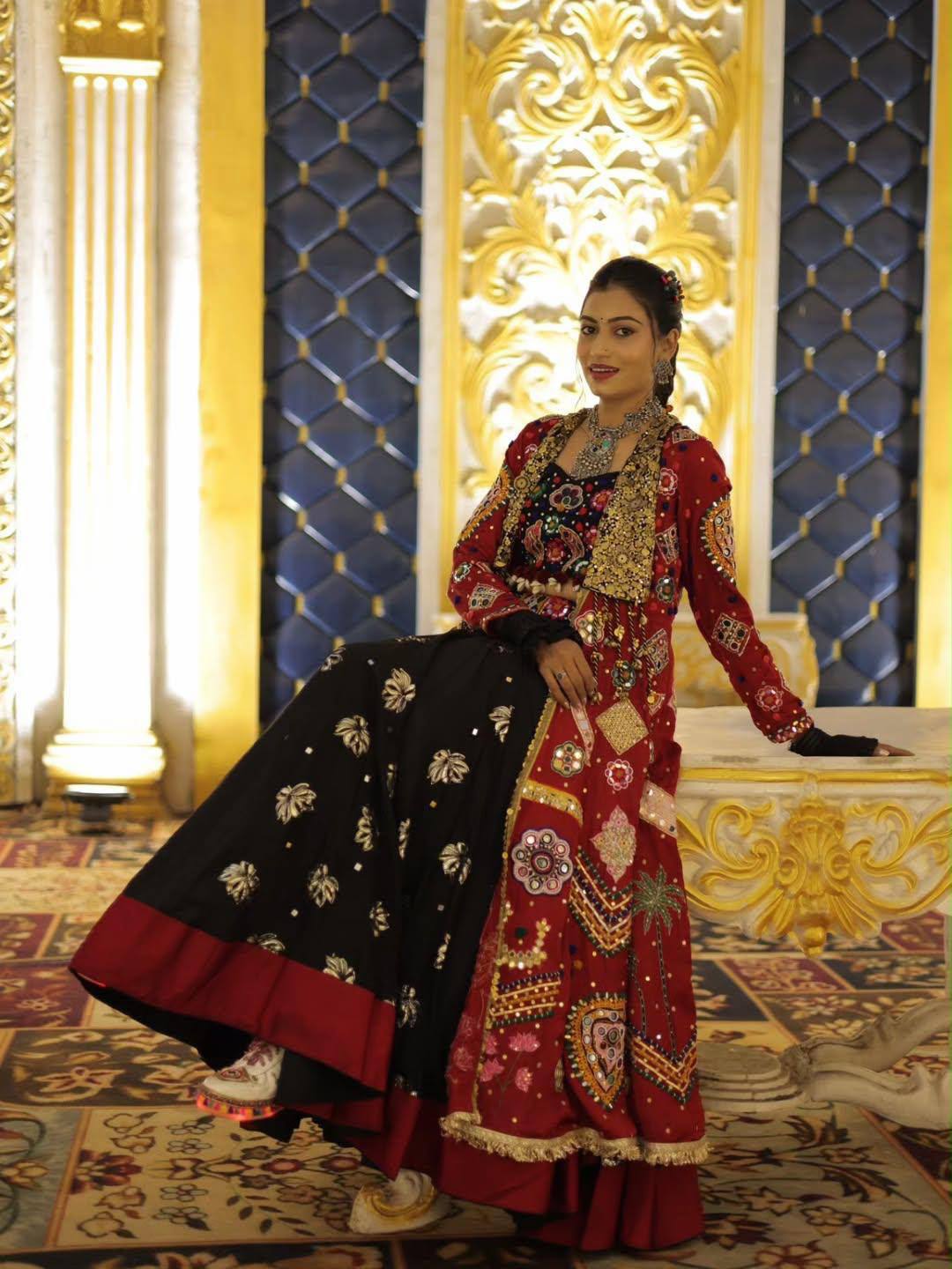 Black Mirror Work Muslin Navratri Lehenga Choli.