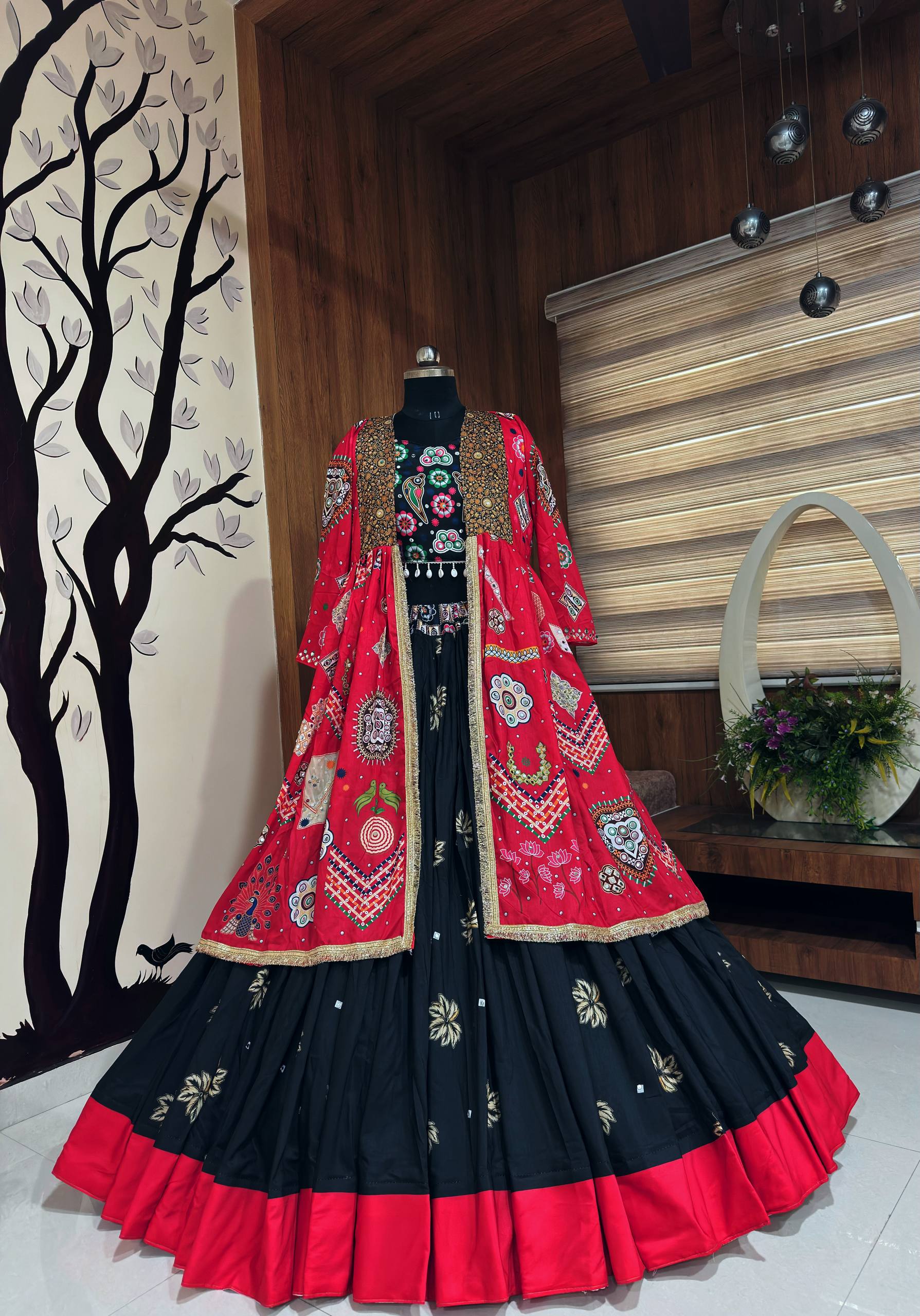 Black Mirror Work Muslin Navratri Lehenga Choli.
