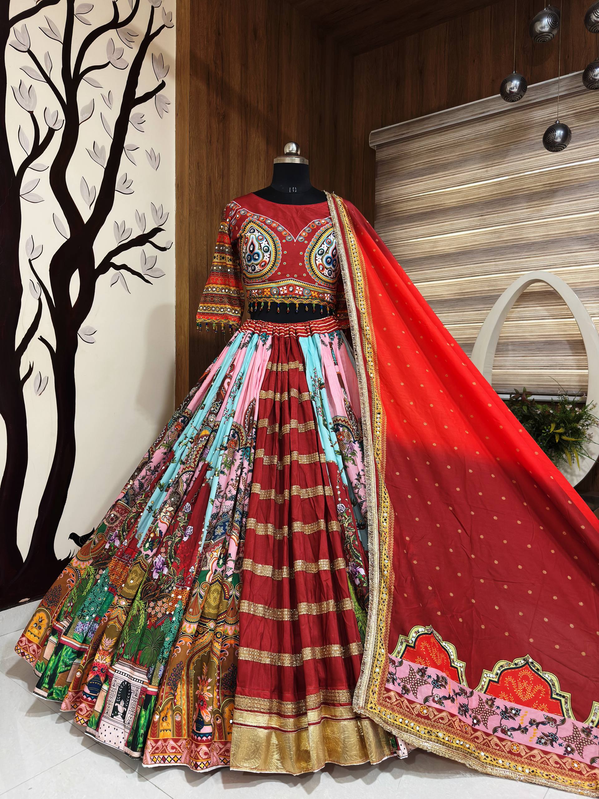 Multi Mirror Work Muslin Navratri Lehenga Choli.