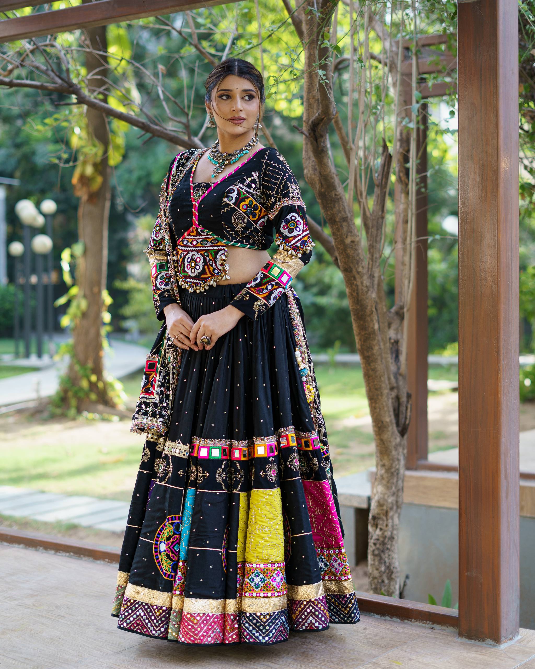 Black Mirror Work Muslin Navratri Lehenga Choli.