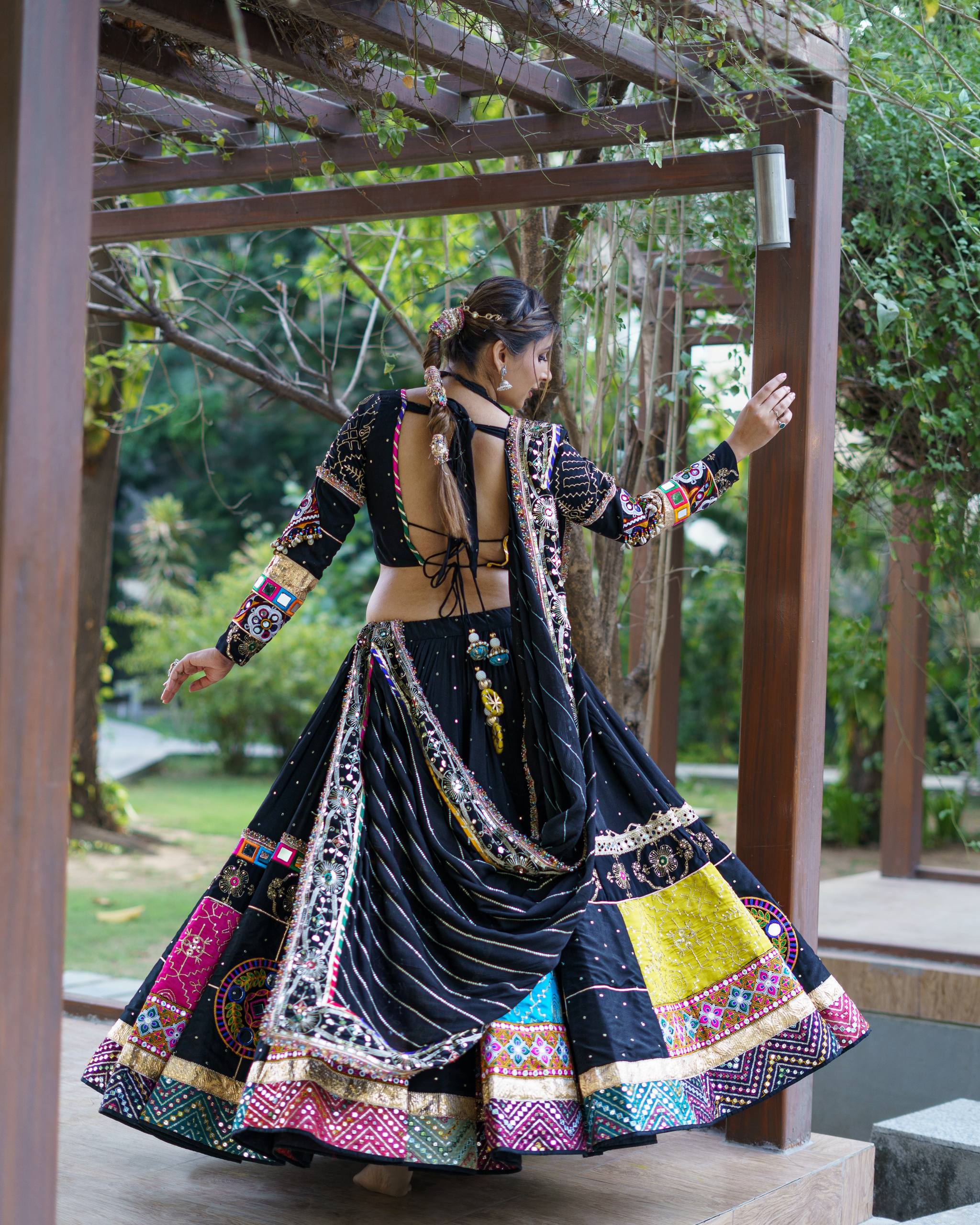 Black Mirror Work Muslin Navratri Lehenga Choli.
