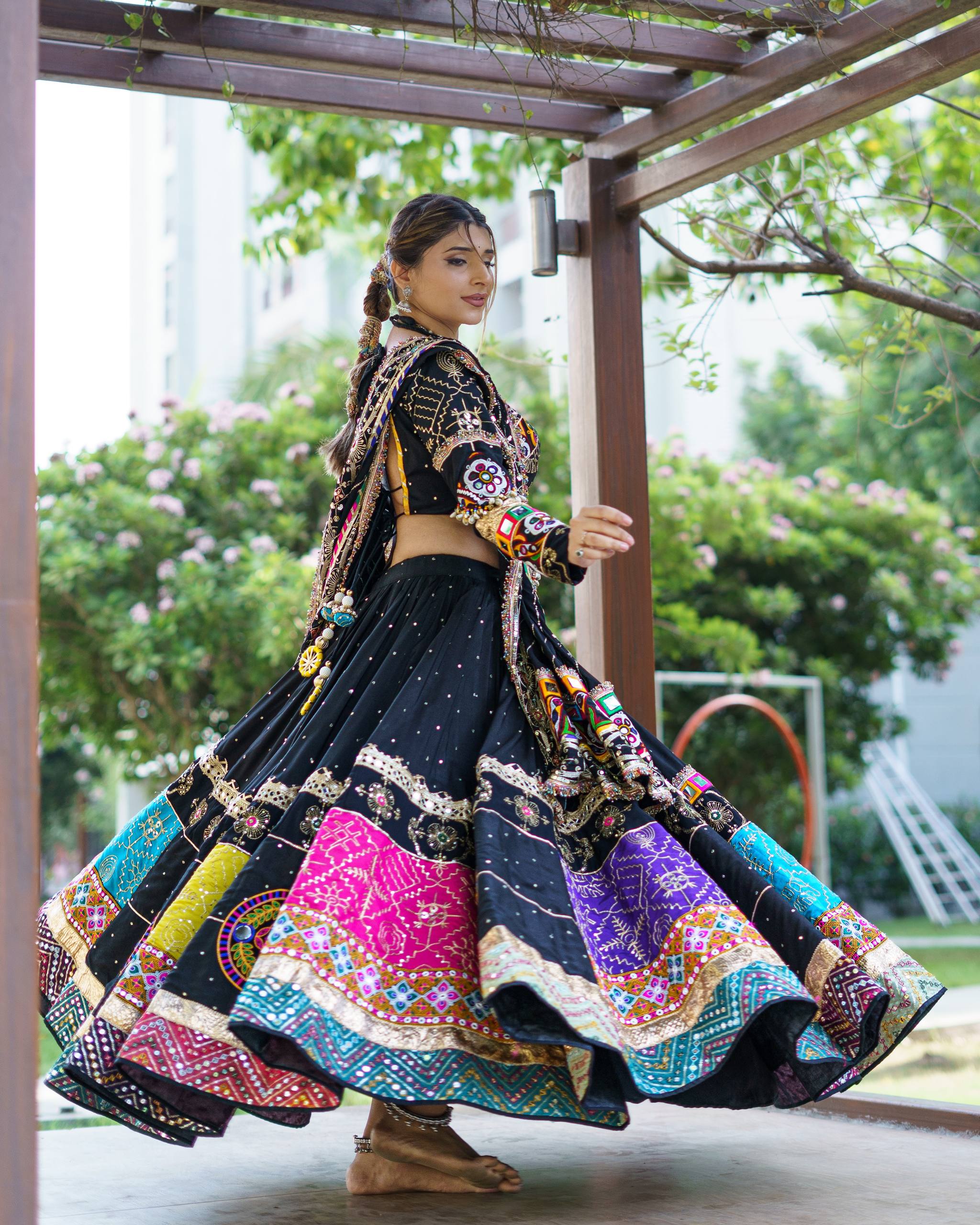 Black Mirror Work Muslin Navratri Lehenga Choli.