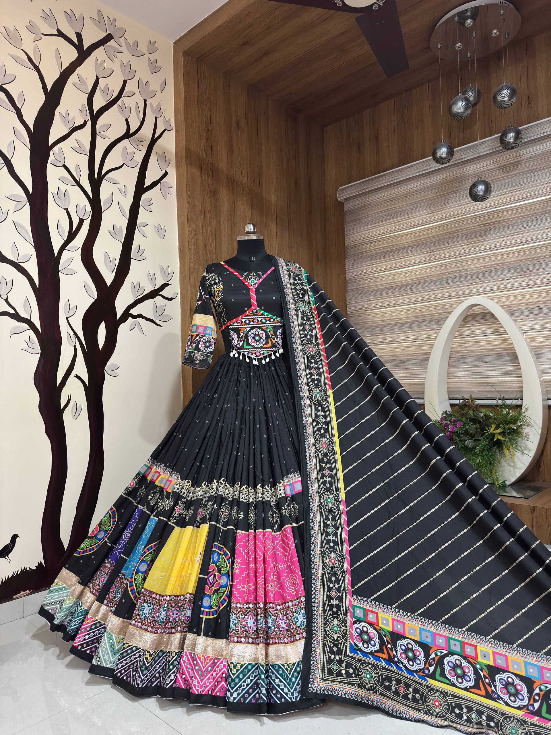 Black Mirror Work Muslin Navratri Lehenga Choli.