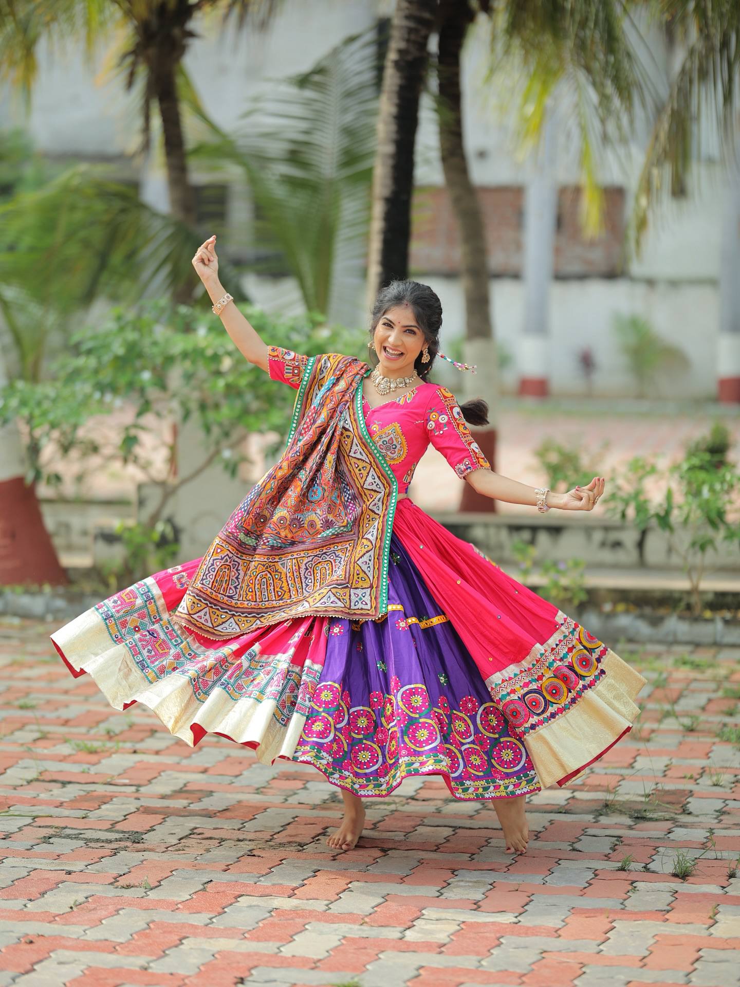 Mulati Mirror Work Muslin Navratri Lehenga Choli