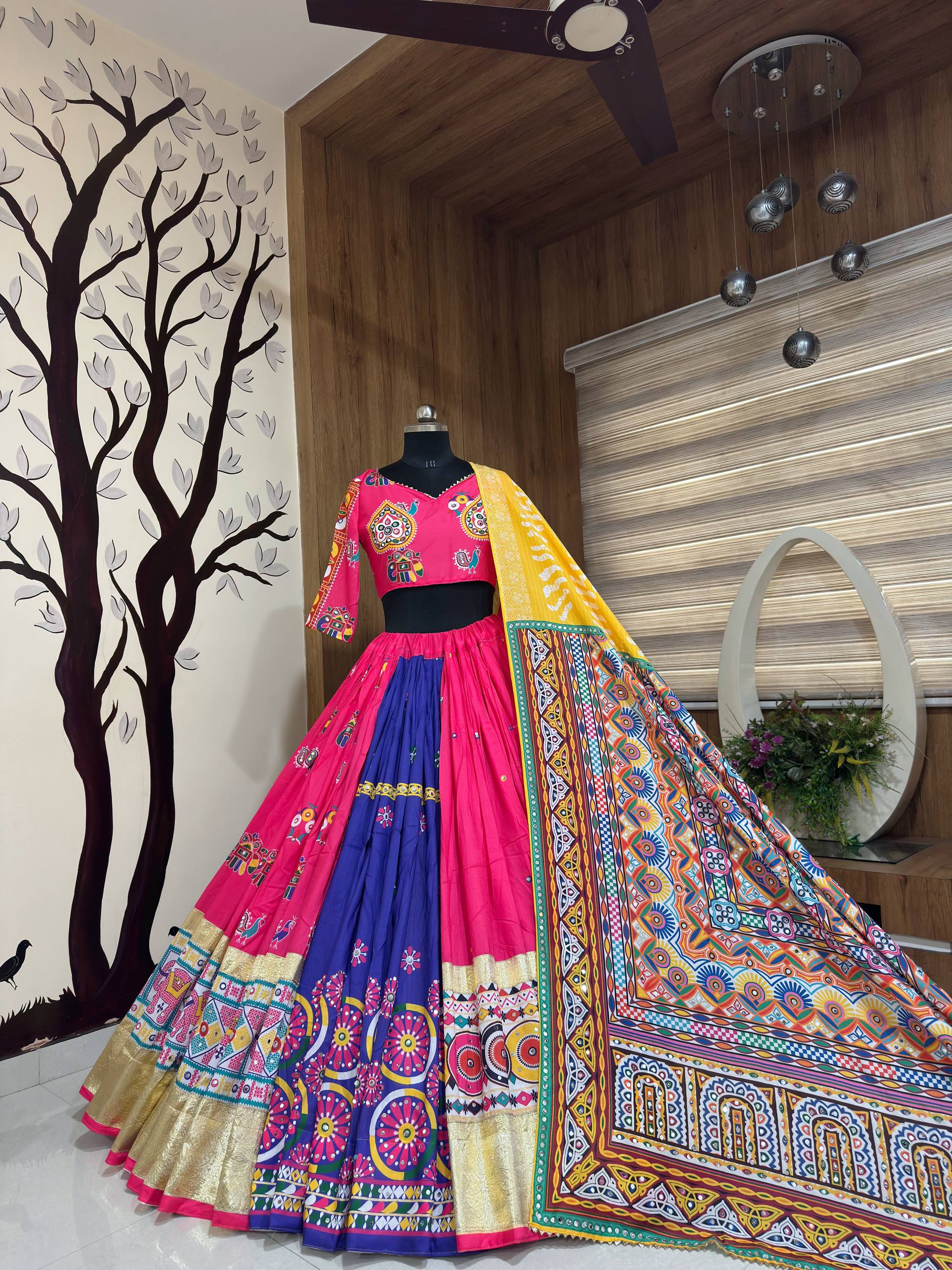 Mulati Mirror Work Muslin Navratri Lehenga Choli