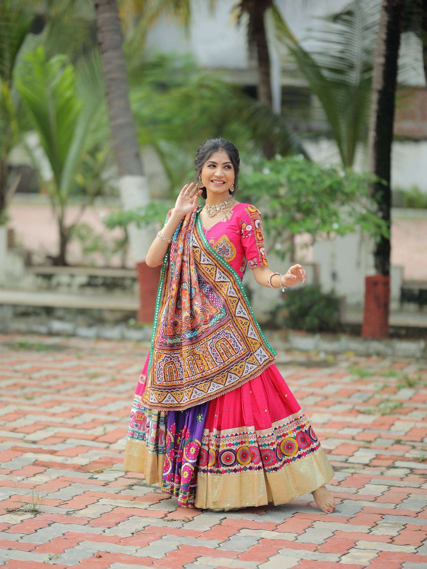 Mulati Mirror Work Muslin Navratri Lehenga Choli