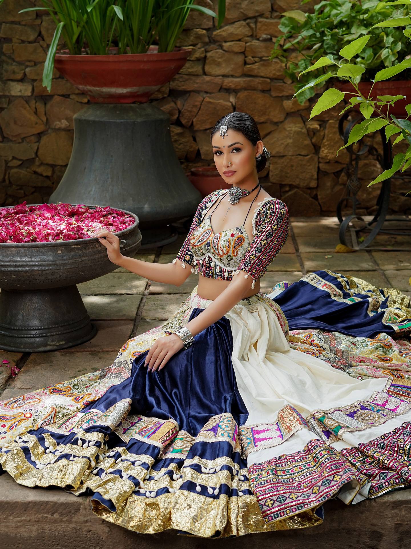 White- Blue Mirror Work Muslin Navratri Lehenga