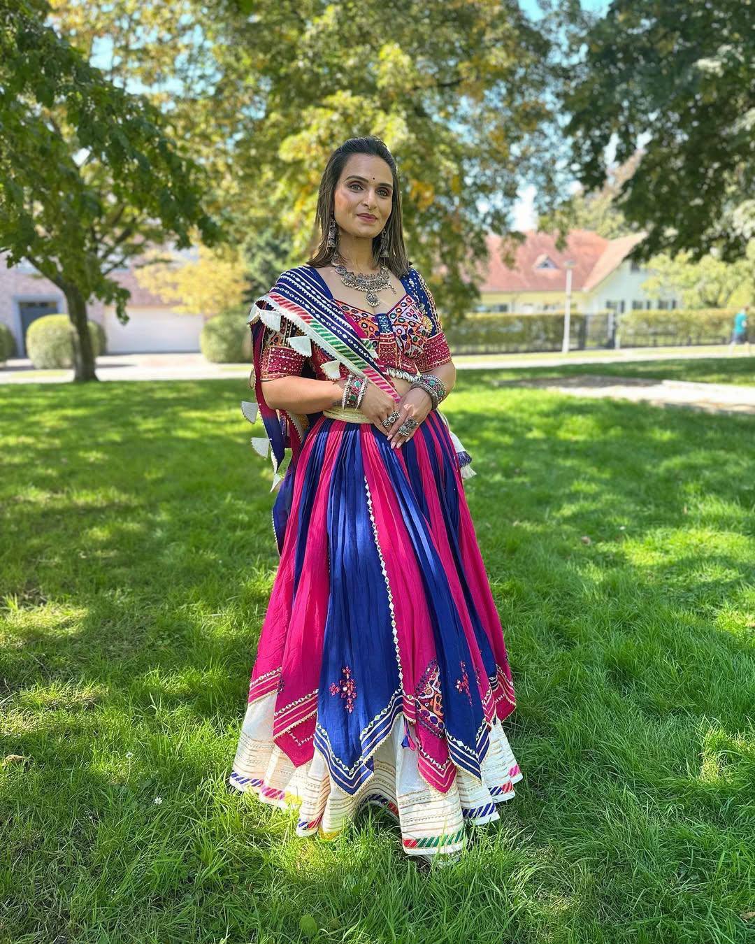 Pink - Blue Mirror Work Digital Printed Navratri Lehenga Choli