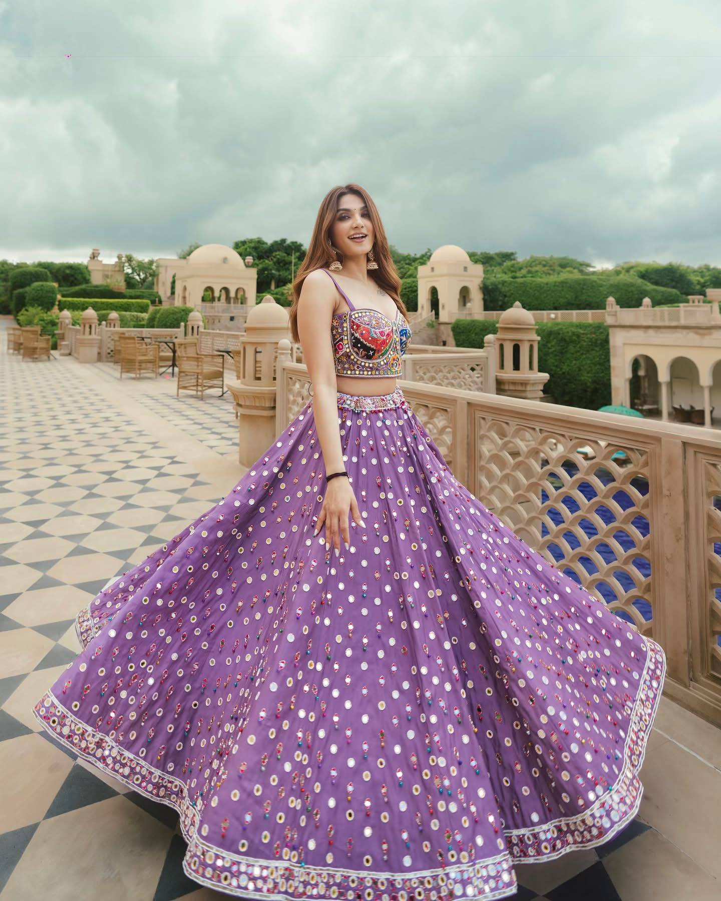 Purple Mirror Work Digital Printed Navratri Lehenga Choli.