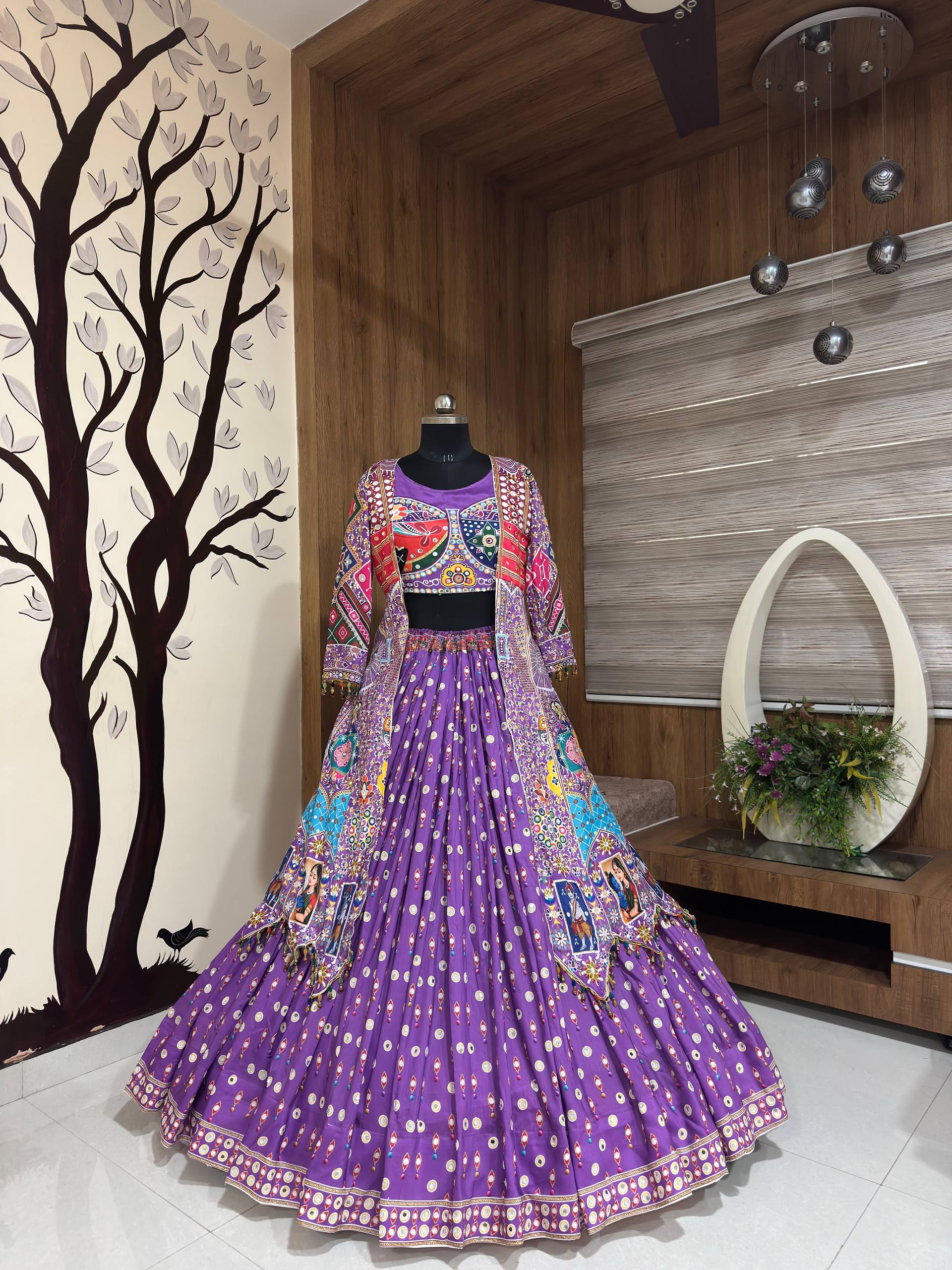 Purple Mirror Work Digital Printed Navratri Lehenga Choli.