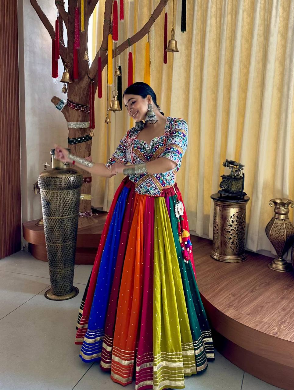 Multi Mirror Work Muslin Navratri Lehenga Choli.