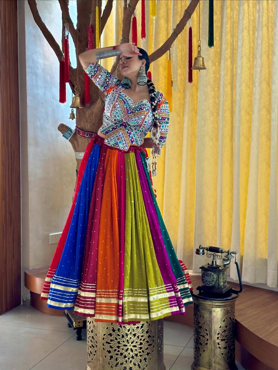 Multi Mirror Work Muslin Navratri Lehenga Choli.
