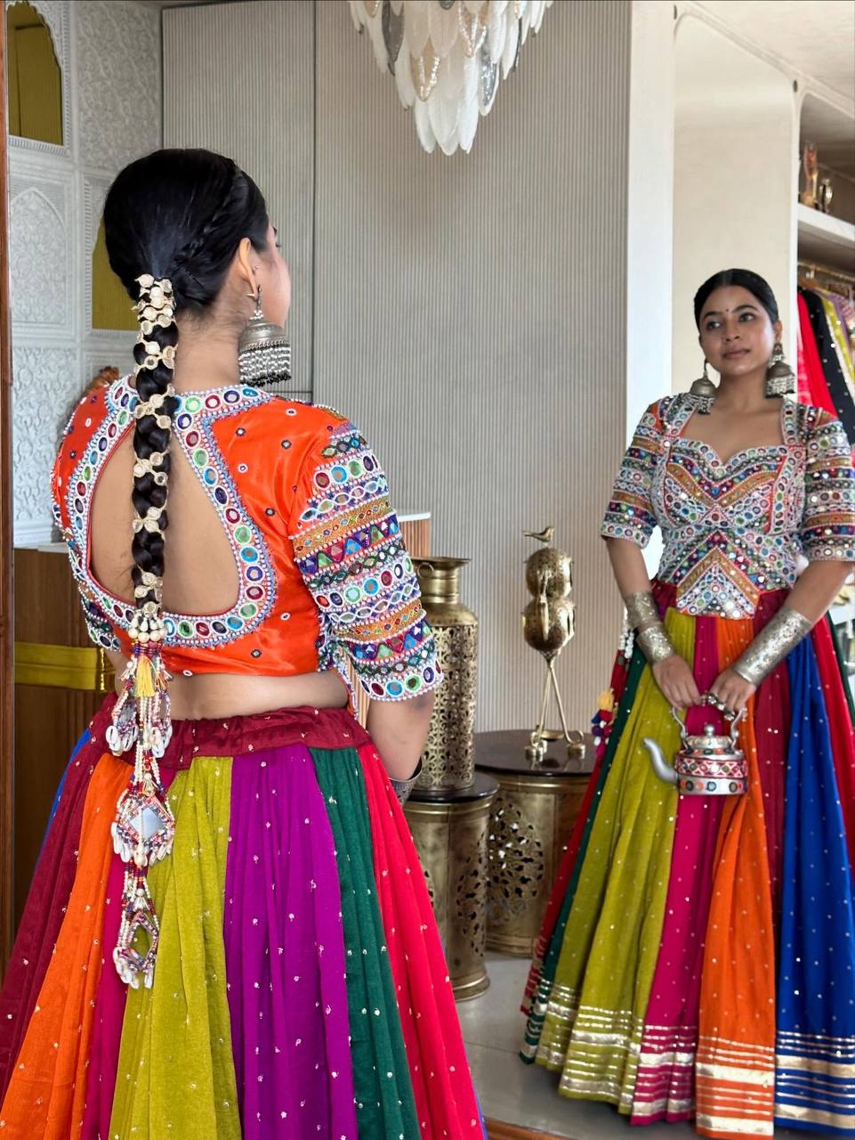 Multi Mirror Work Muslin Navratri Lehenga Choli.