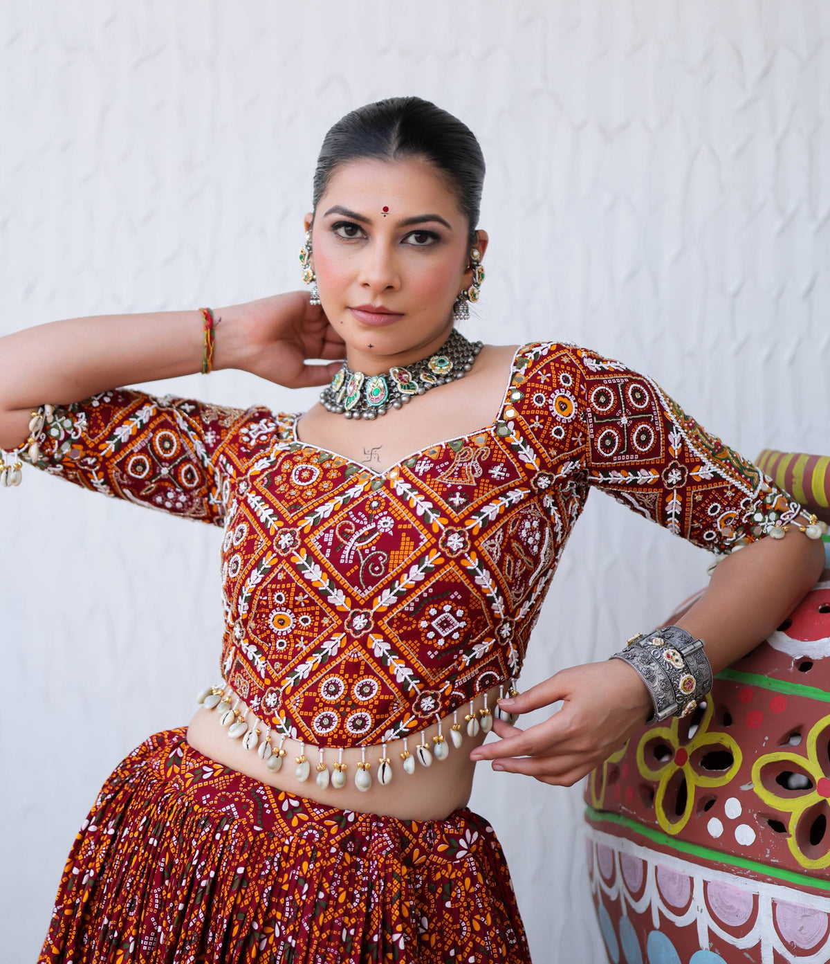 Red-Green Color Bandhej Printed Mirror Work Designer Navratri Lehenga Choli,