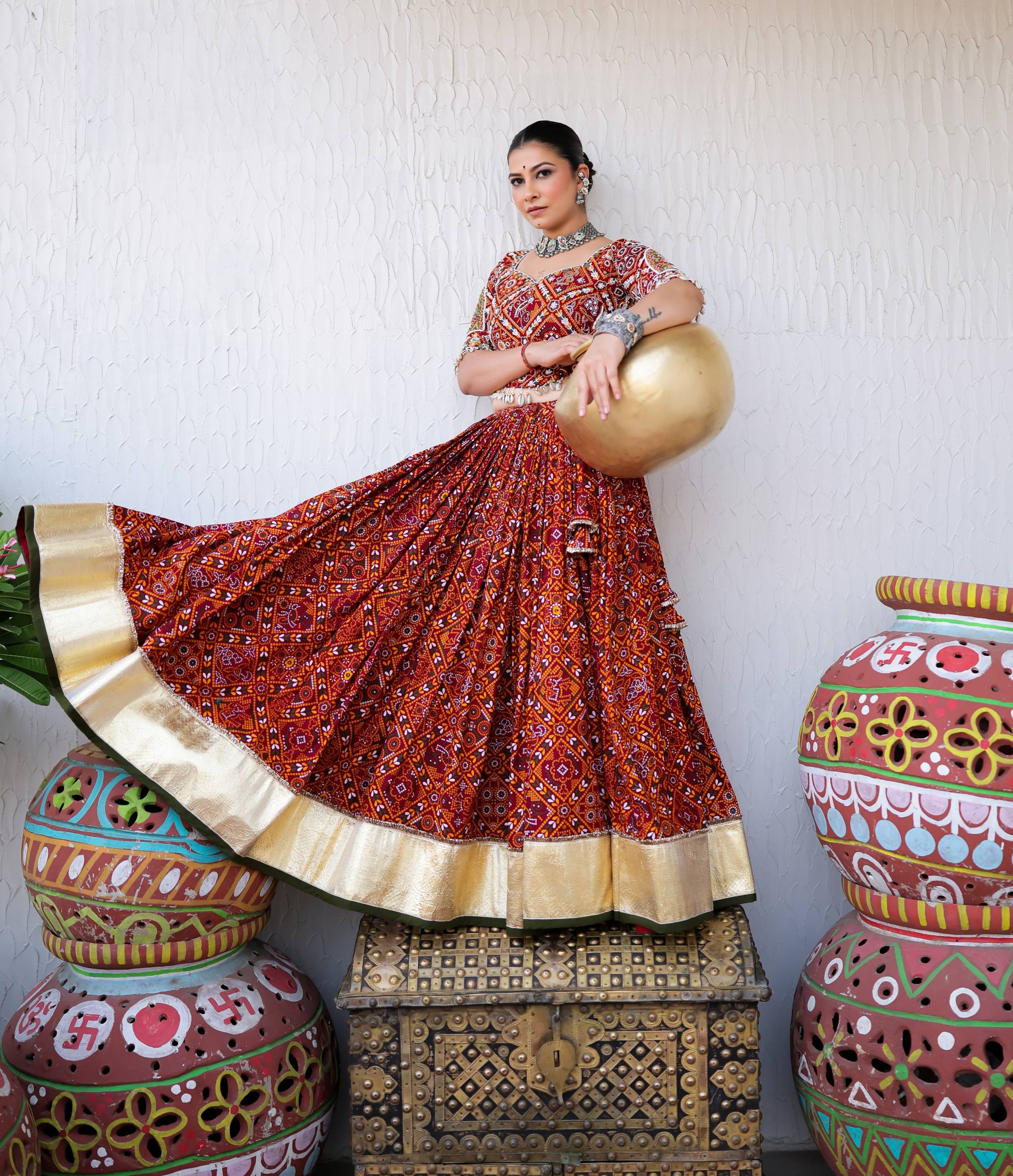 Red-Green Color Bandhej Printed Mirror Work Designer Navratri Lehenga Choli,