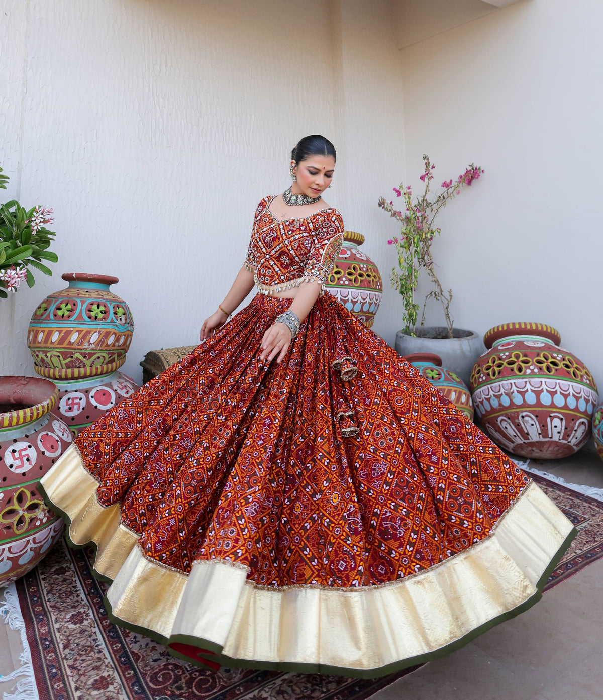 Red-Green Color Bandhej Printed Mirror Work Designer Navratri Lehenga Choli,