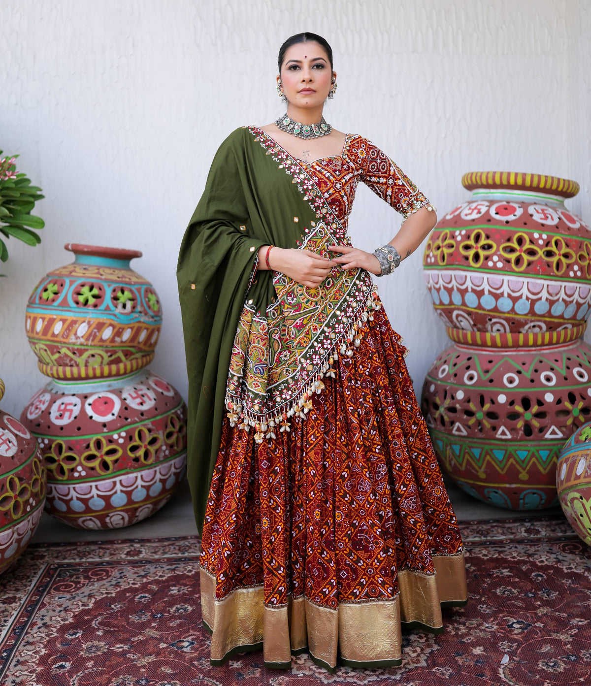Red-Green Color Bandhej Printed Mirror Work Designer Navratri Lehenga Choli,